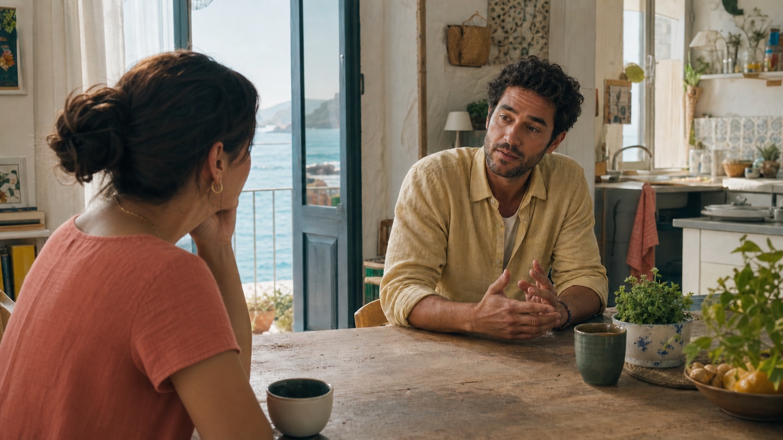 Two friends talking in a bright seaside kitchen